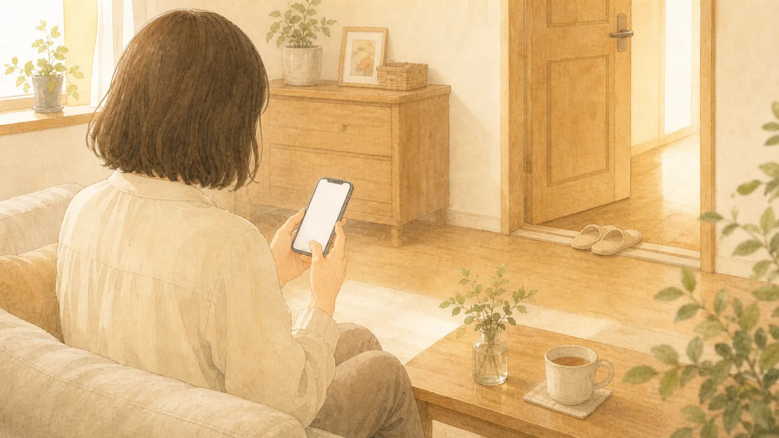 朝のリビングで、職場への連絡を前にスマートフォンを手にして立ち止まる母親の後ろ姿