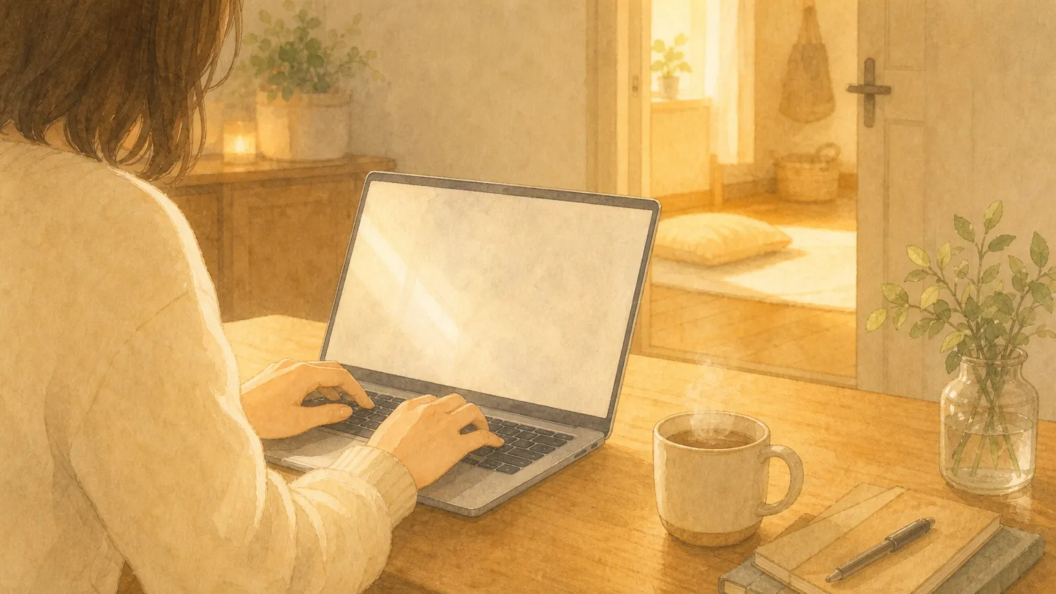 夕方のやわらかな光の中、温かい飲み物をそばに置いて自宅でパソコンに向かう母親の手元