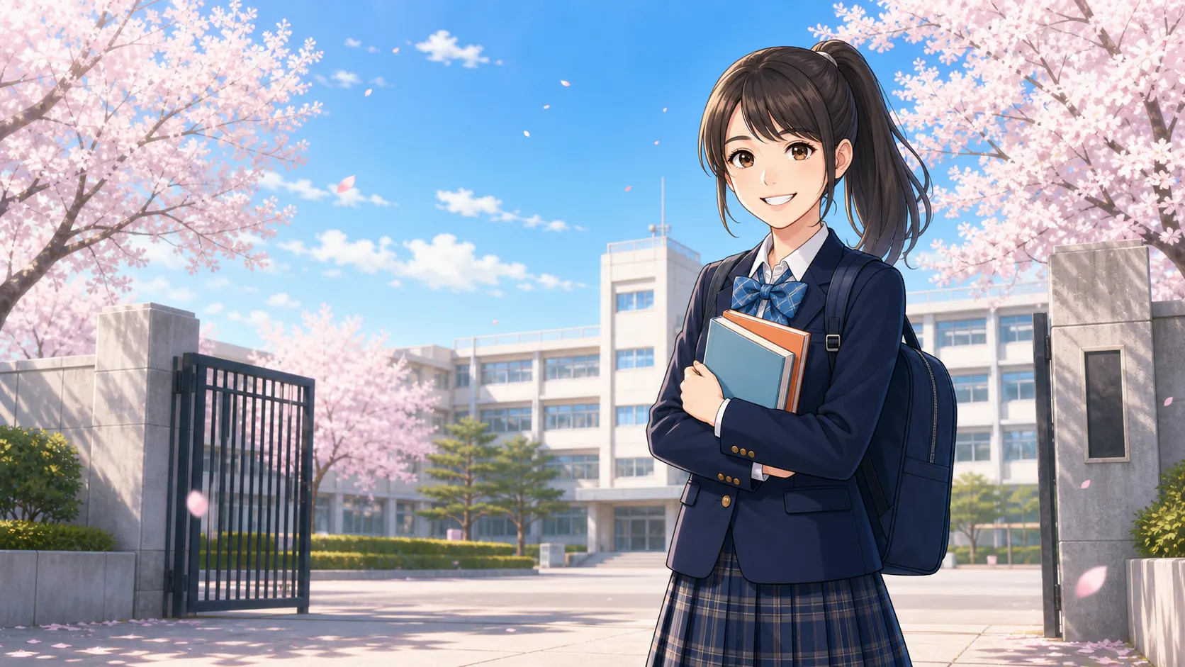 校門の前に立つ制服姿の女の子と桜