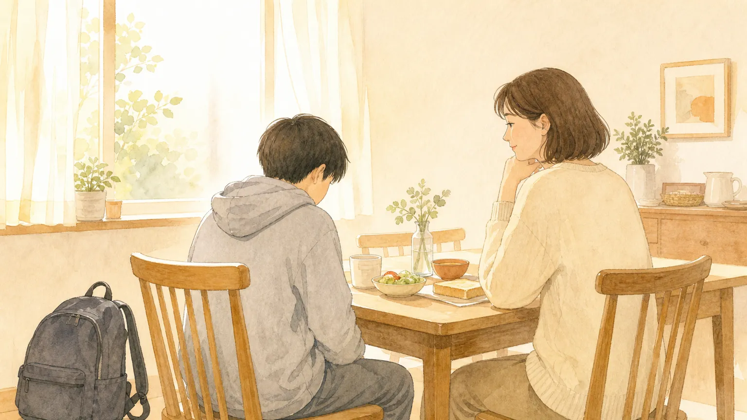 朝の食卓で、通学かばんを前にして少し立ち止まっている親子の後ろ姿のやさしいイラスト