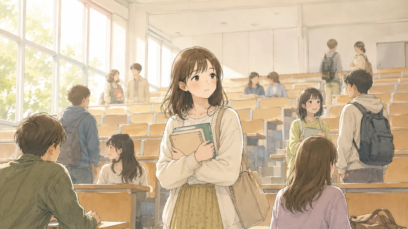 大学に編入したばかりの女子学生が、大きな講義室でノートを抱えて少し不安そうに立っているイラスト
