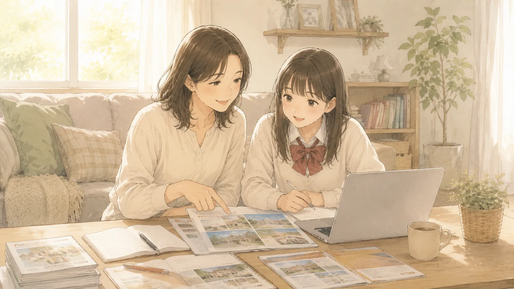 母親と娘がリビングでパンフレットとパソコンを見ながら、進路について穏やかに話しているイラスト